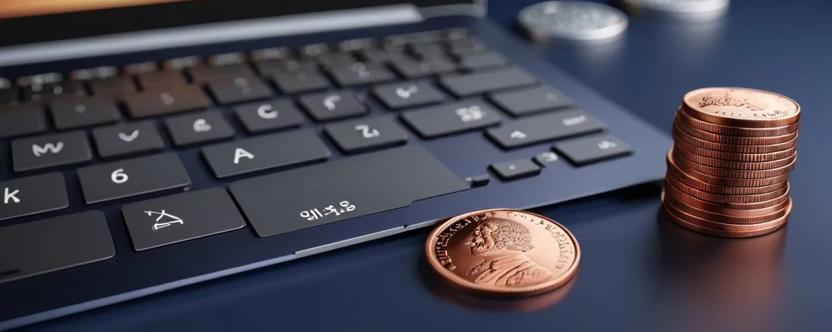 Laptop con una tragamoneda en pantalla, una calculadora plateada y monedas de cobre apiladas en columnas de distinta altura