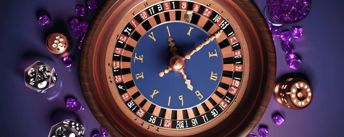 Smartphone con una ruleta en línea, un reloj de arena de cobre y dados plateados sobre una mesa de pizarra