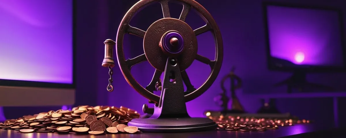 Monitor curvo con cinco rodillos de gemas y campanas en movimiento y monedas de cobre que caen de la pantalla