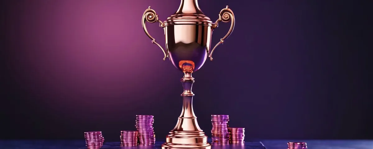 Laptop con un podio de luz en pantalla, un trofeo pequeño de cobre y fichas violetas sobre una mesa de pizarra