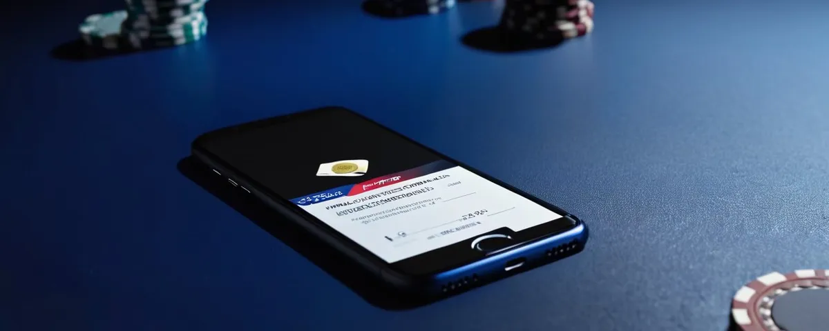 Teléfono que escanea una credencial con un marco de verificación azul junto a fichas de casino plateadas