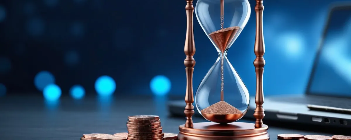 Teléfono con una tragamoneda en línea junto a un reloj de arena de cobre y un calendario de fichas plateadas